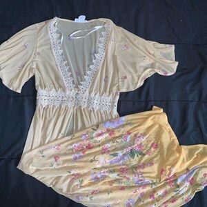 Women’s Vintage Floral Lace Trim Kimono Dressing Gown